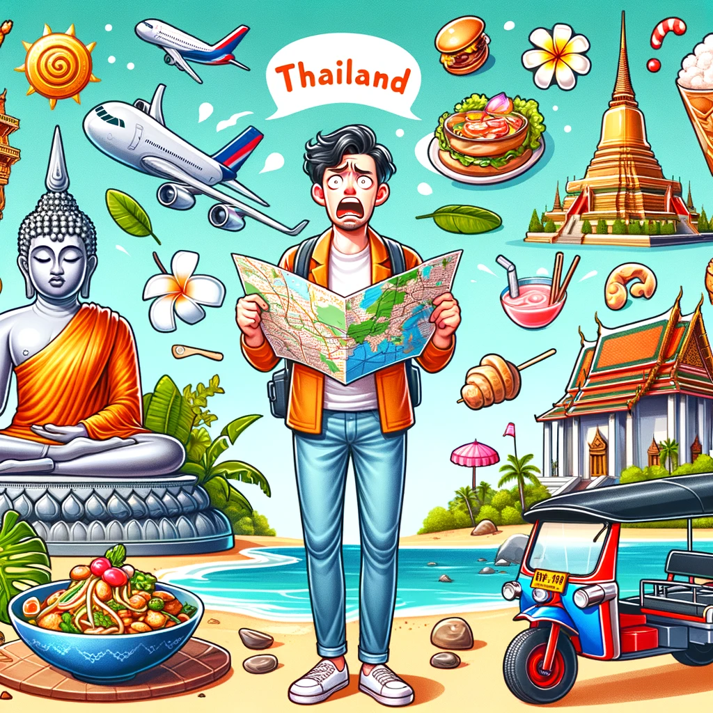 Zabawna ilustracja przedstawiająca podróżnika z mapą w Tajlandii, otoczonego przez Buddę, tuk-tuka, uliczne jedzenie, plażę i świątynię