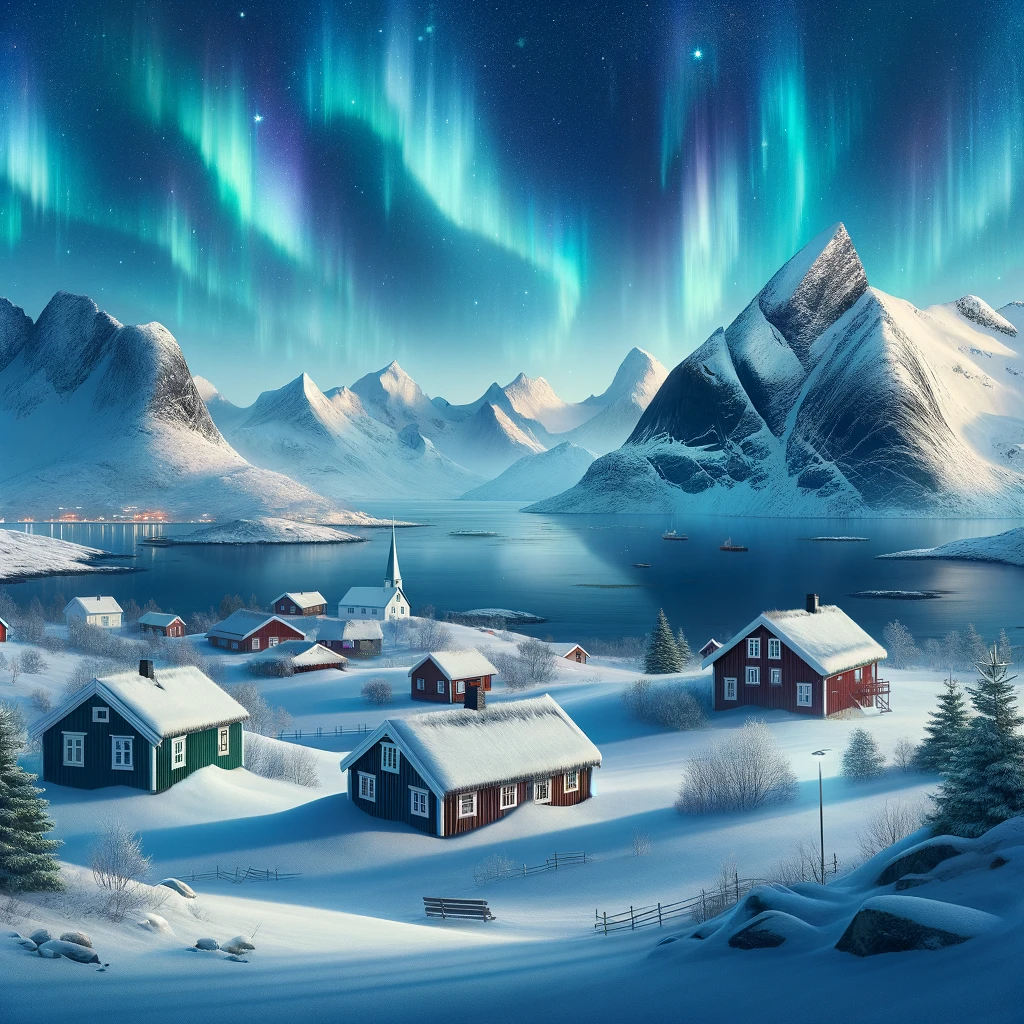 Zimowy krajobraz Norwegii z północnymi światłami i tradycyjnymi domami