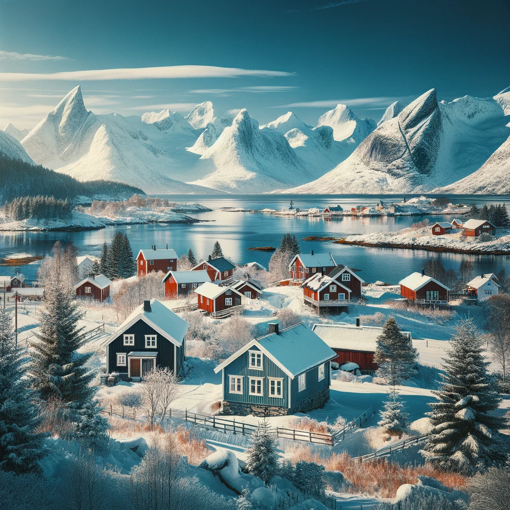 Zimowy krajobraz Norwegii z pokrytymi śniegiem górami i tradycyjnymi domami