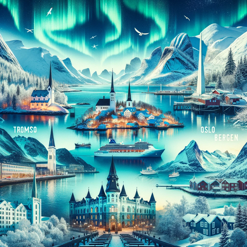 Kolaż norweskich destynacji zimowych: Tromsø z zorzą polarną, Wyspy Lofoten, panoramę Oslo, historyczne budynki Bergen i fiord Geirangerfjord