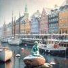 Kopenhaga w zimowej szacie - Nyhavn z kolorowymi budynkami i łodziami na śniegu