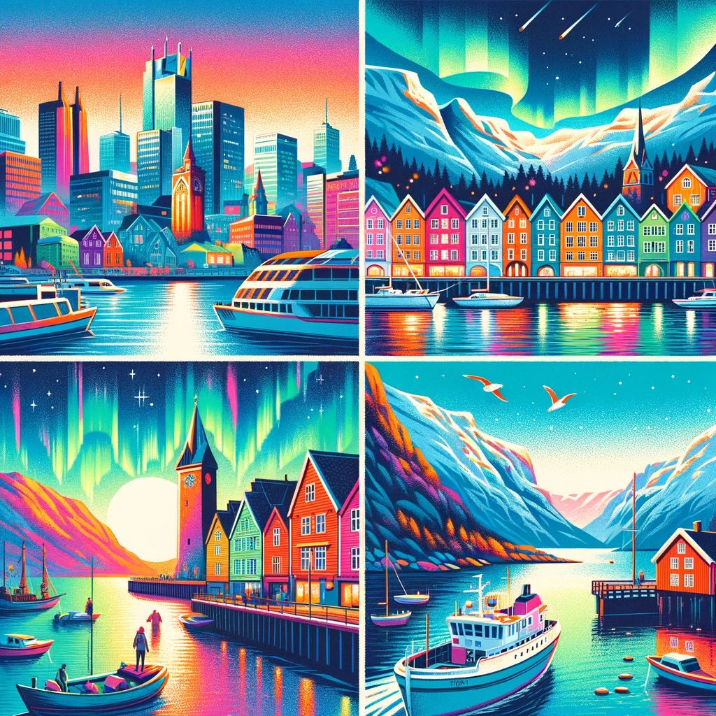 Kolaż przedstawiający miejsca na weekendowy wyjazd w Norwegii: panorama Oslo, kolorowe domy w Bergen, zorza polarna w Tromsø i malownicze Wyspy Lofoten