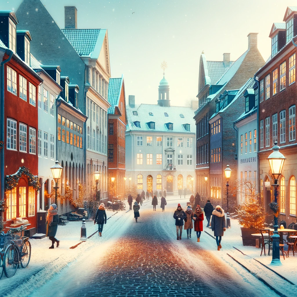 Malownicza ulica Kopenhagi w zimie, z brukowanymi drogami, historycznymi budynkami i lekką warstwą śniegu