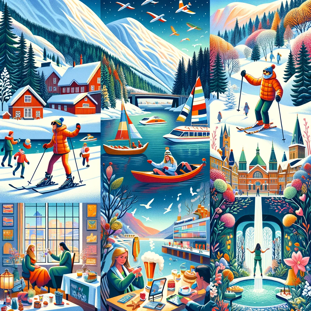 Scena w Norwegii w lutym: narciarstwo alpejskie, wędrówki na rakietach śnieżnych, relaks w spa, wizyta w galerii sztuki, festiwal kulturowy