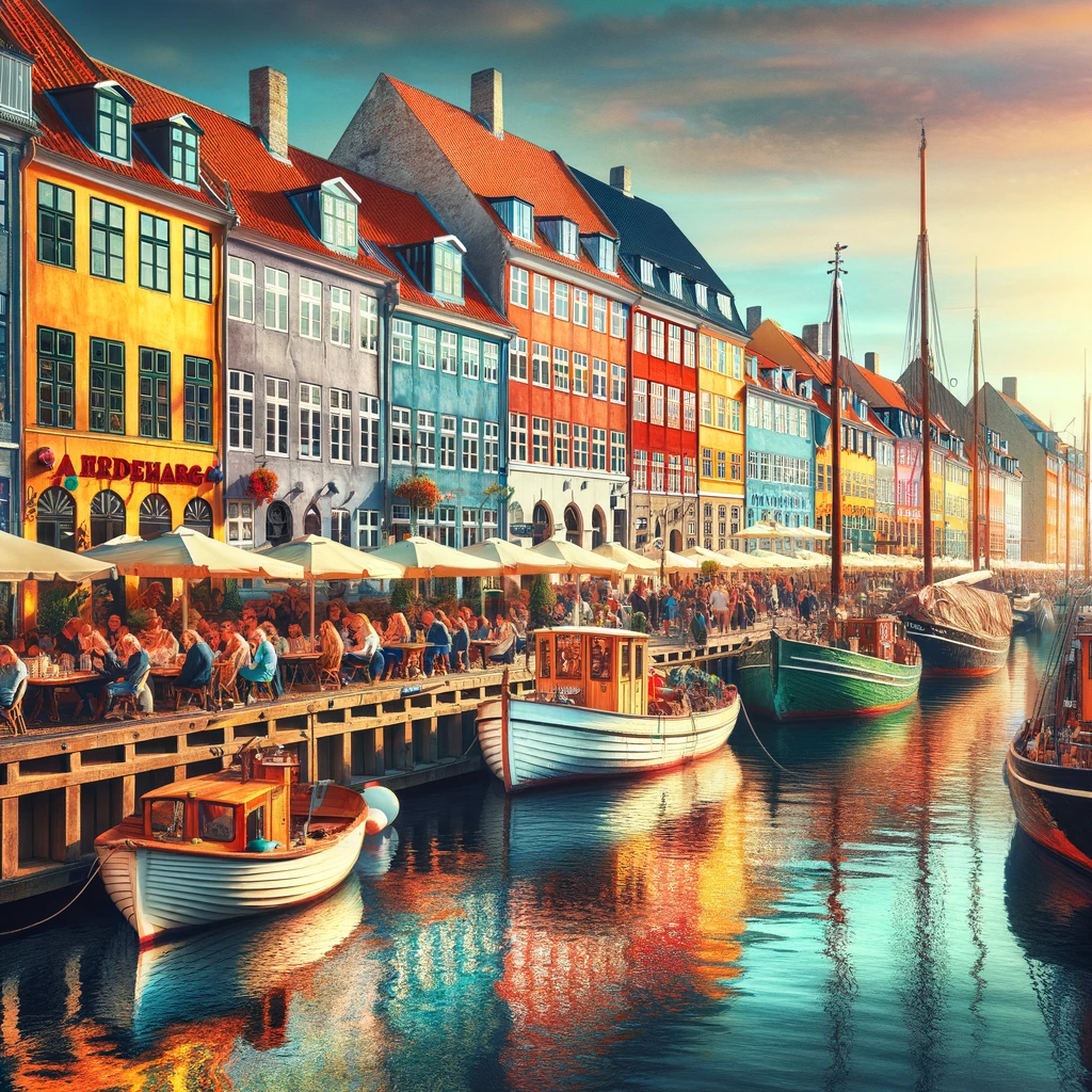 Żywy widok na Nyhavn w Kopenhadze podczas weekendu, z kolorowymi budynkami i historycznymi łodziami