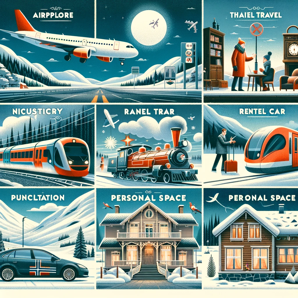 Kolaż przedstawiający praktyczne aspekty podróży do Norwegii: samolot lecący do Norwegii, malownicza podróż pociągiem, przytulny pokój hotelowy, wynajęty samochód na zaśnieżonej drodze, lokalne zwyczaje