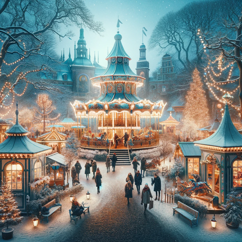 Ogród Tivoli w Kopenhadze oświetlony zimowymi dekoracjami, tworzący magiczną krainę czarów