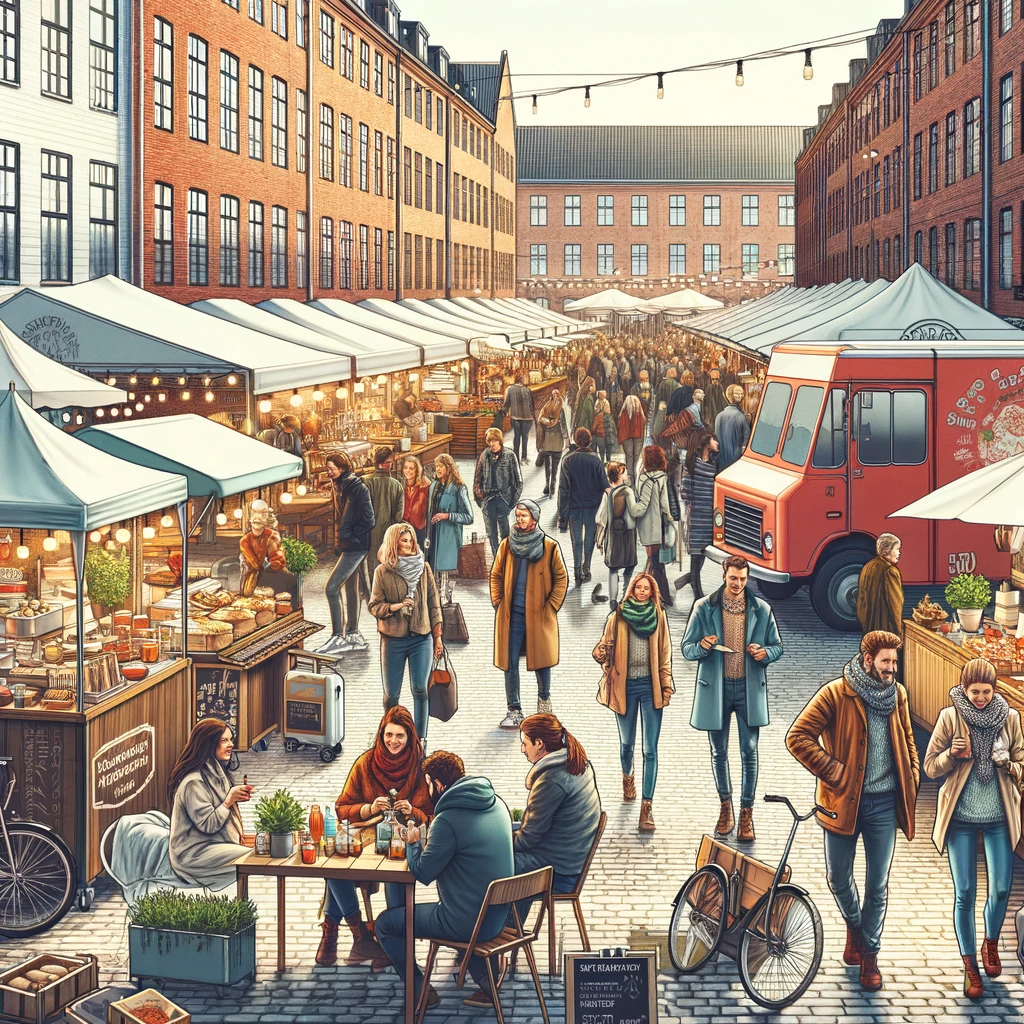 Zgiełkliwy rynek street food w Kopenhadze, z różnorodnością stoisk i food trucków