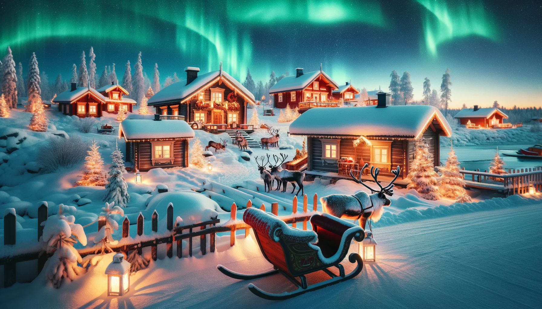 Zimowy krajobraz Rovaniemi z Wioską Świętego Mikołaja, drewnianymi chatami w śniegu, saniami z reniferami i zorzą polarną na nocnym niebie.