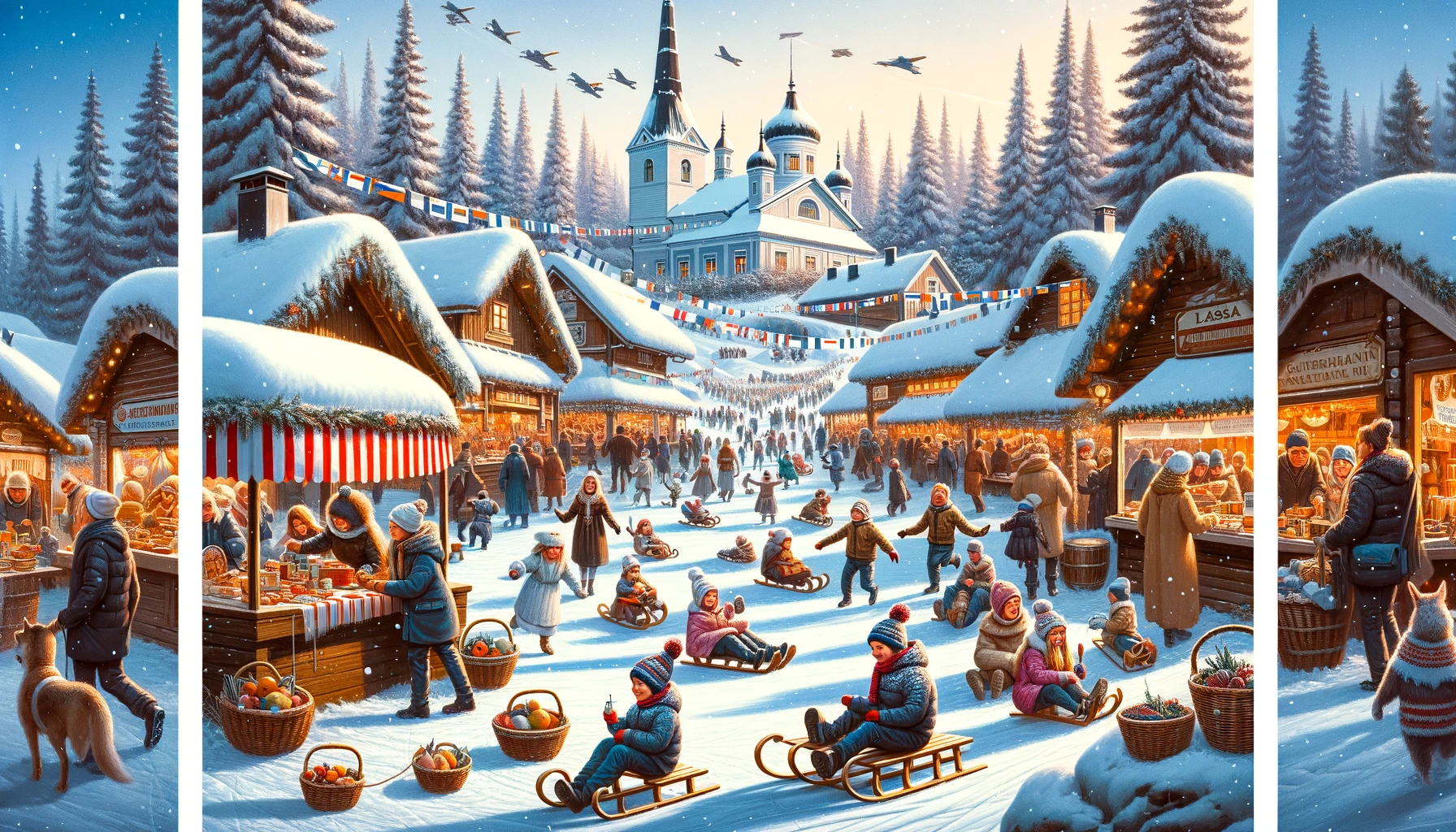 Festiwal Laskiainen w Finlandii z ludźmi cieszącymi się z jazdy na sankach i festiwalowymi straganami w śnieżnym krajobrazie.