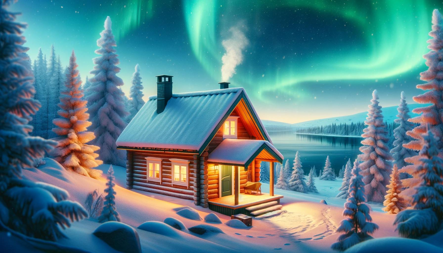 Przytulna fińska chata (mökki) w śnieżnym krajobrazie z widokiem na zorzę polarną.
