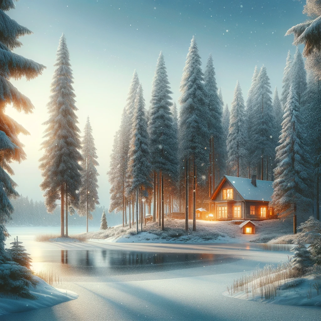Zimowy pejzaż w Estonii z drewnianą chatą