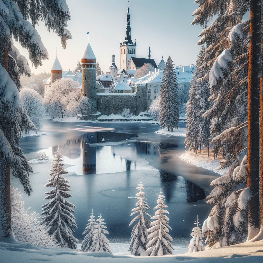 Zimowy krajobraz Estonii z widokiem na zamarznięte jezioro i średniowieczne miasto w tle