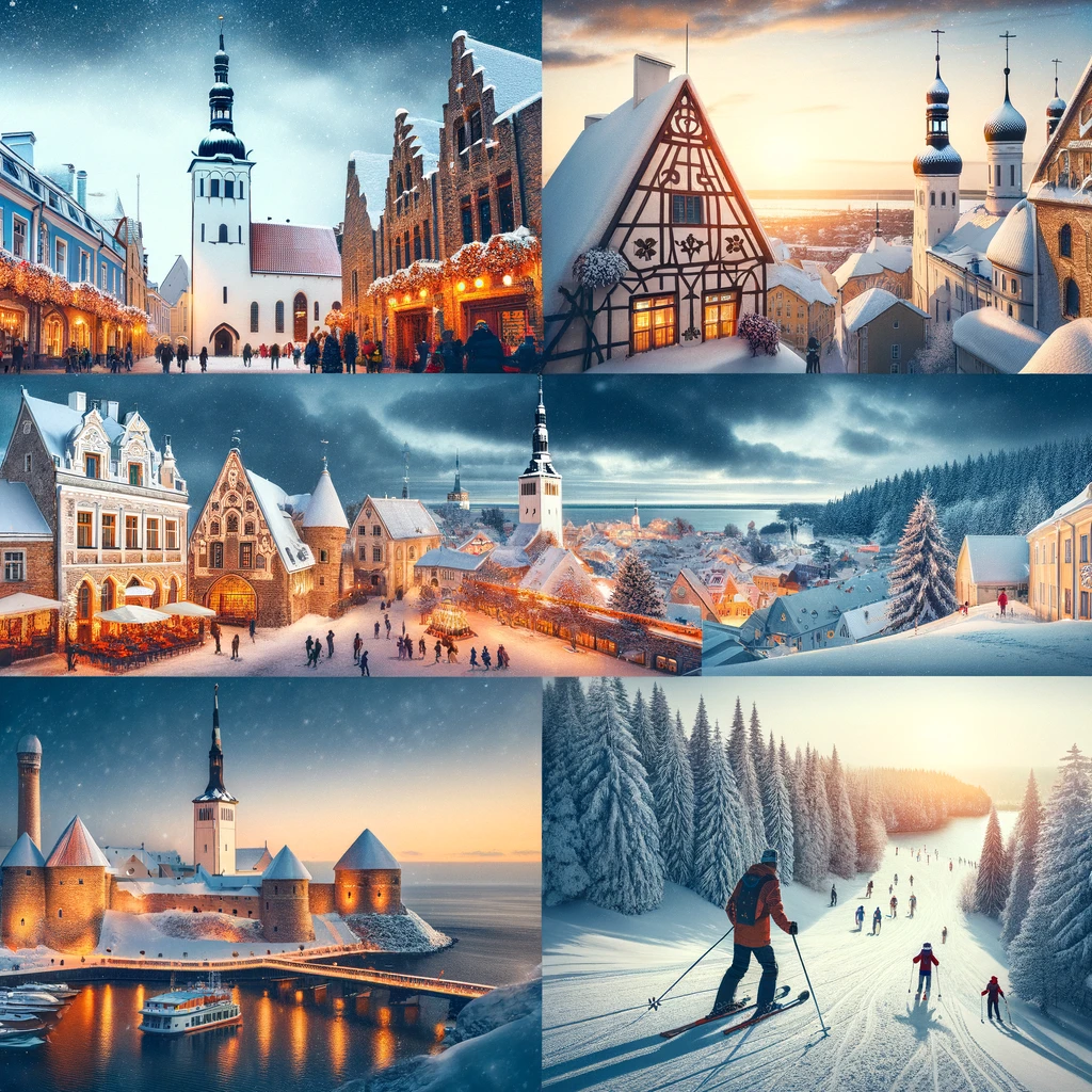 Kolaż zimowych atrakcji Estonii: średniowieczne ulice Tallinna, narciarze w Otepää, architektura Tartu i zimowy krajobraz Saaremaa