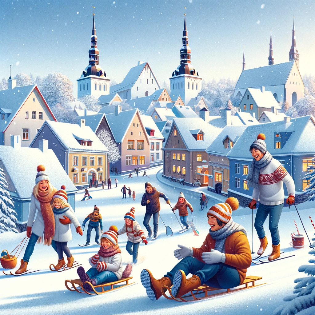 Rodzina ciesząca się zimowymi aktywnościami w Estonii, dzieci na sankach i dorośli na nartach, z malowniczym estonskim miastem w tle