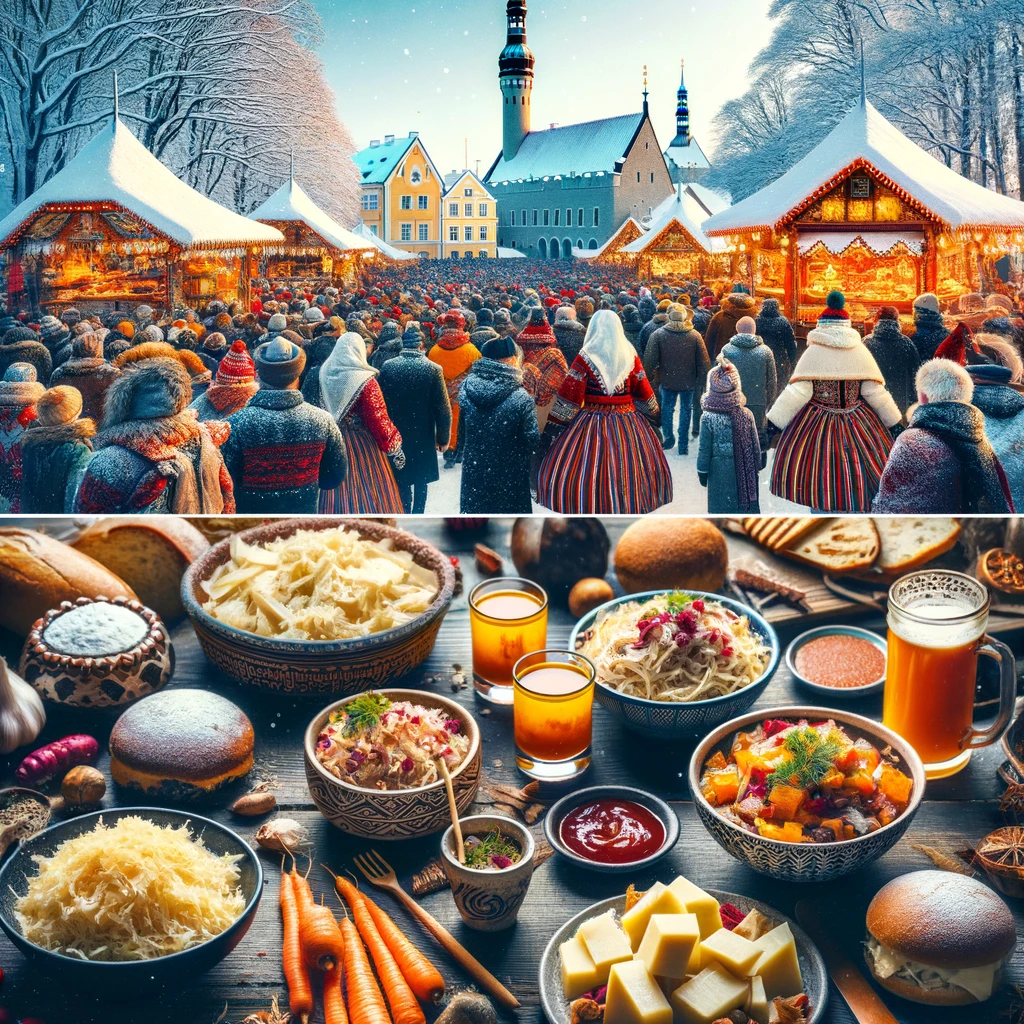 Scena z festiwalu zimowego w Tallinnie, ludzie w tradycyjnych estońskich strojach i potrawy takie jak Verivorst z kiszoną kapustą