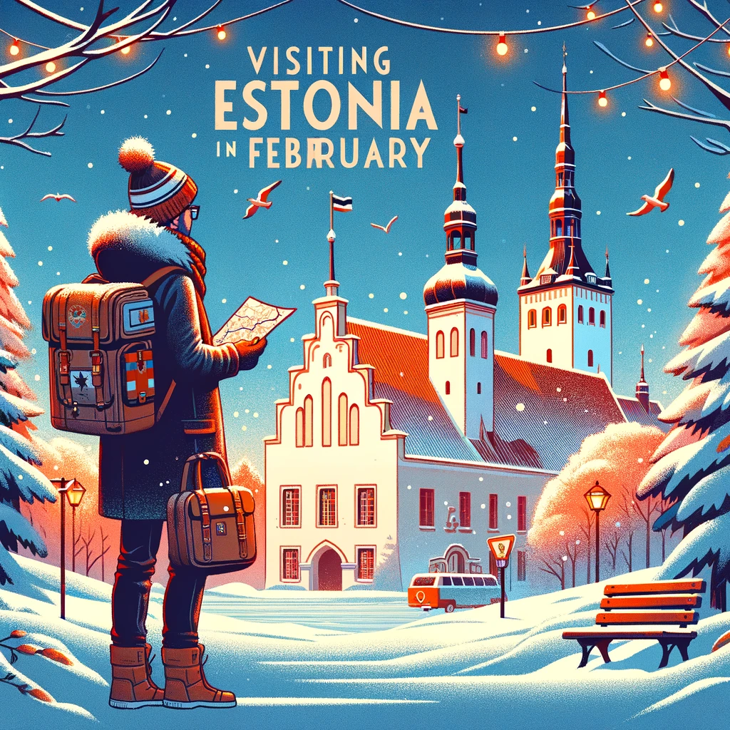 Podróżnik cieszący się śnieżnym krajobrazem Estonii, stojący z torbą podróżną i mapą na tle estońskiej architektury
