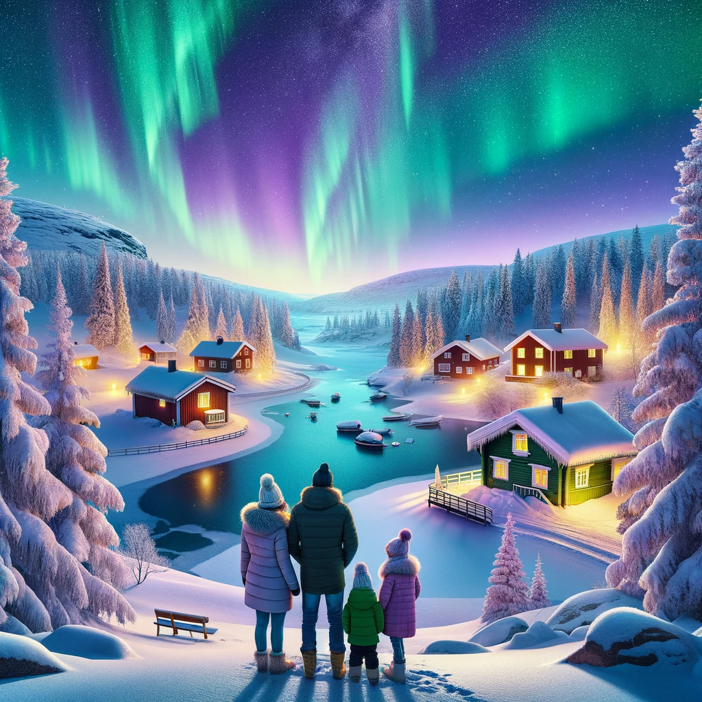 Zorza Polarna nad śnieżnym krajobrazem Szwecji, rodzina podziwiająca widok