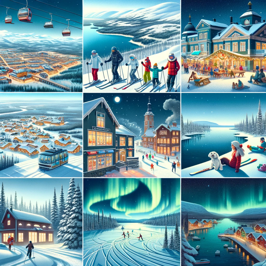 Kolaż najlepszych miejsc na zimowe wakacje w Szwecji: Åre, Sälen, Kiruna, Abisko i Gotland