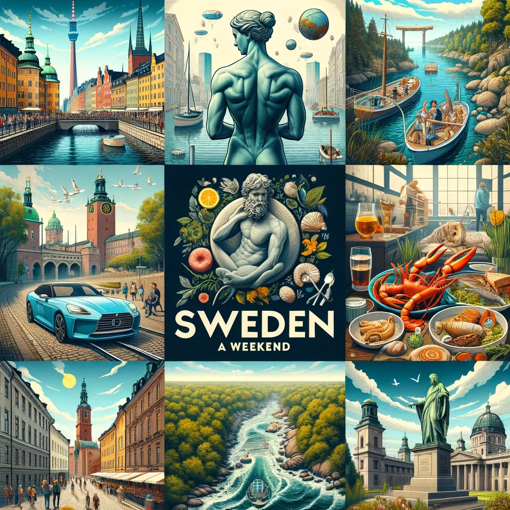 Kolaż przedstawiający weekend w Szwecji z ikonicznymi scenami z Sztokholmu, Göteborga, Malmö, Västerås i Uppsali
