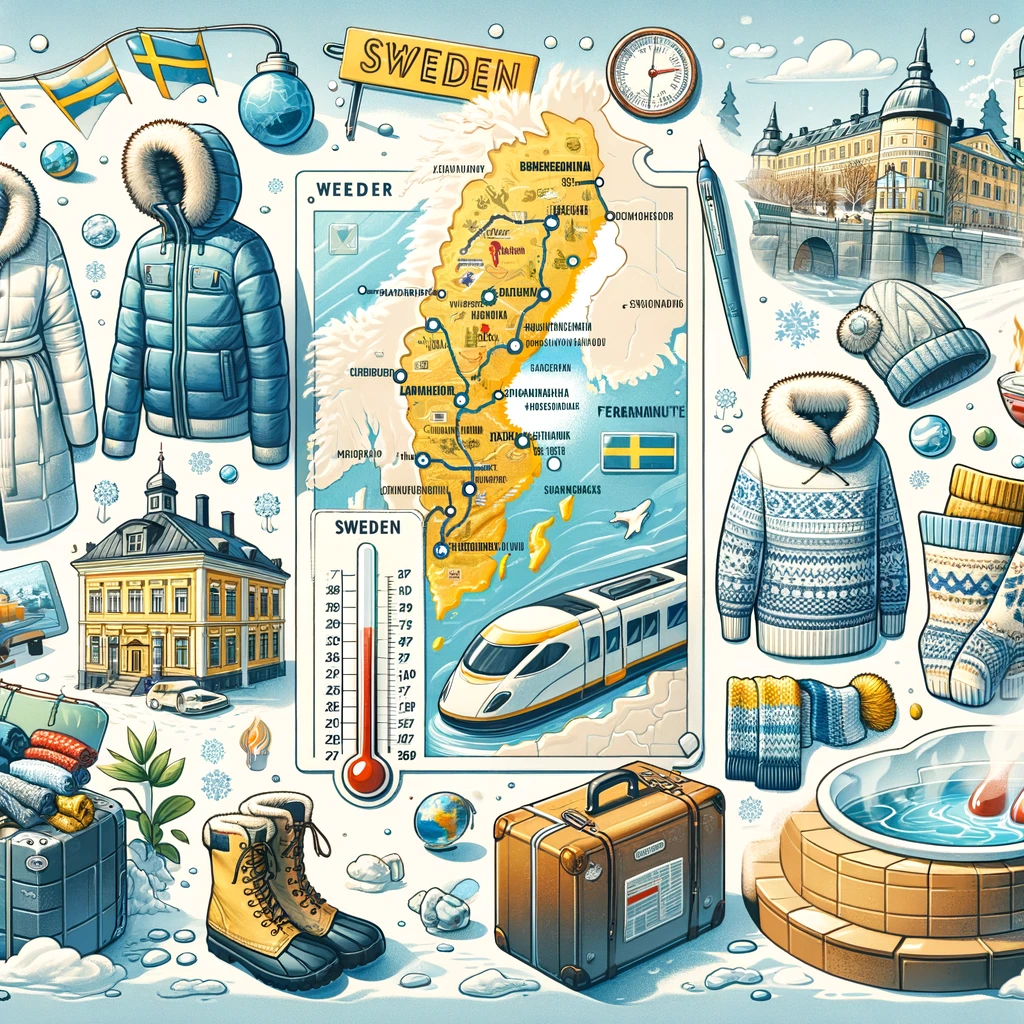 Zimowy krajobraz w Szwecji z mapą, ubraniami na zimę, termometrem i szwedzkim spa