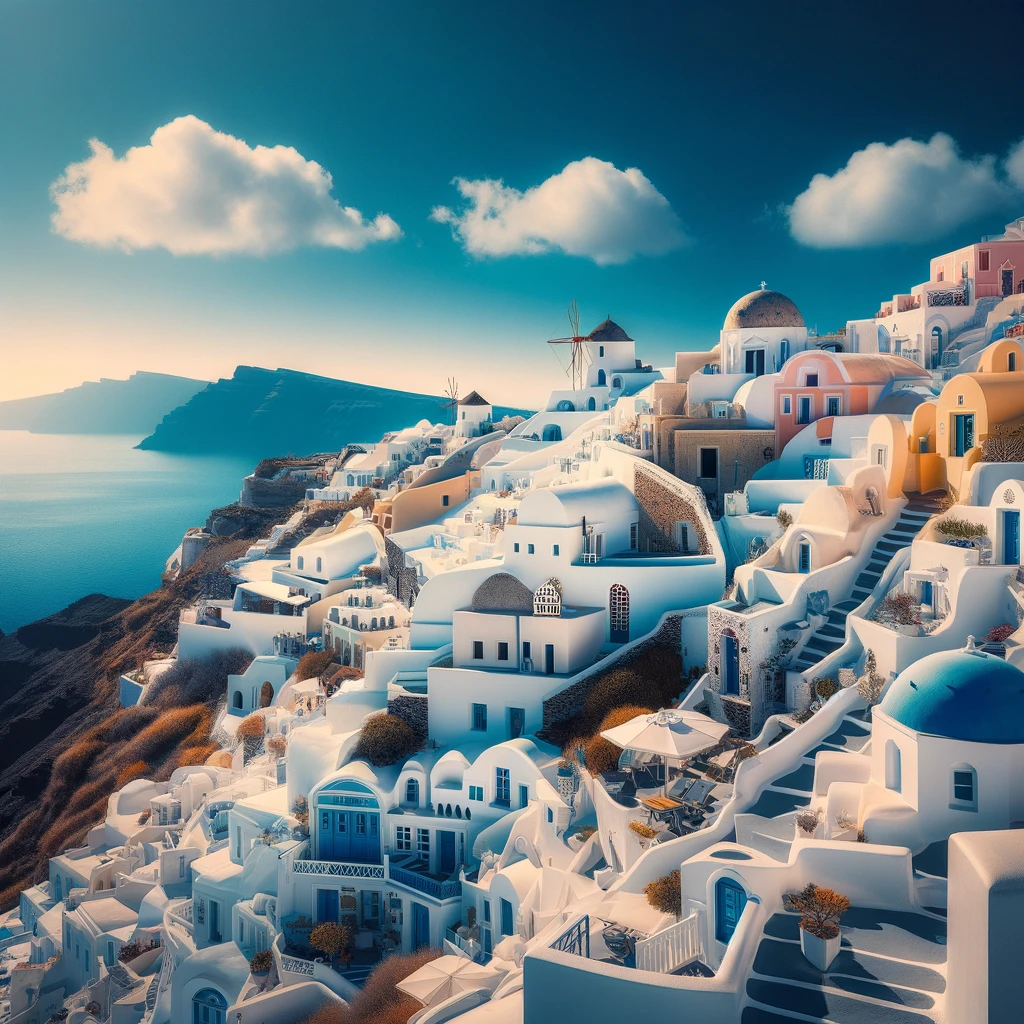 Santorini w lutym: Białe domy z niebieskimi dachami