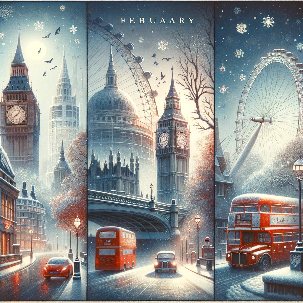 Kolaż przedstawiający Londyn w lutym, z Big Benem, London Eye i czerwonym autobusem piętrowym