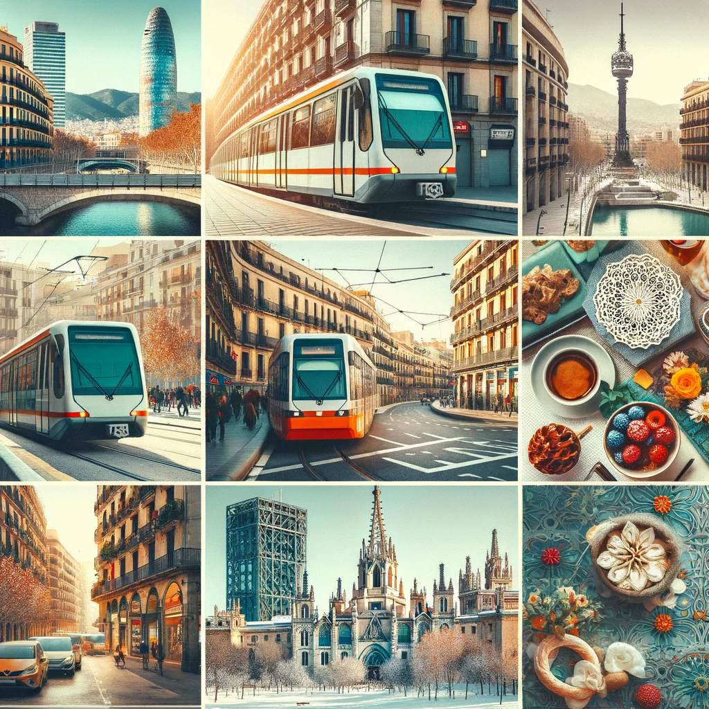 Kolaż z Barcelony w lutym: transport publiczny, hotele, uliczki