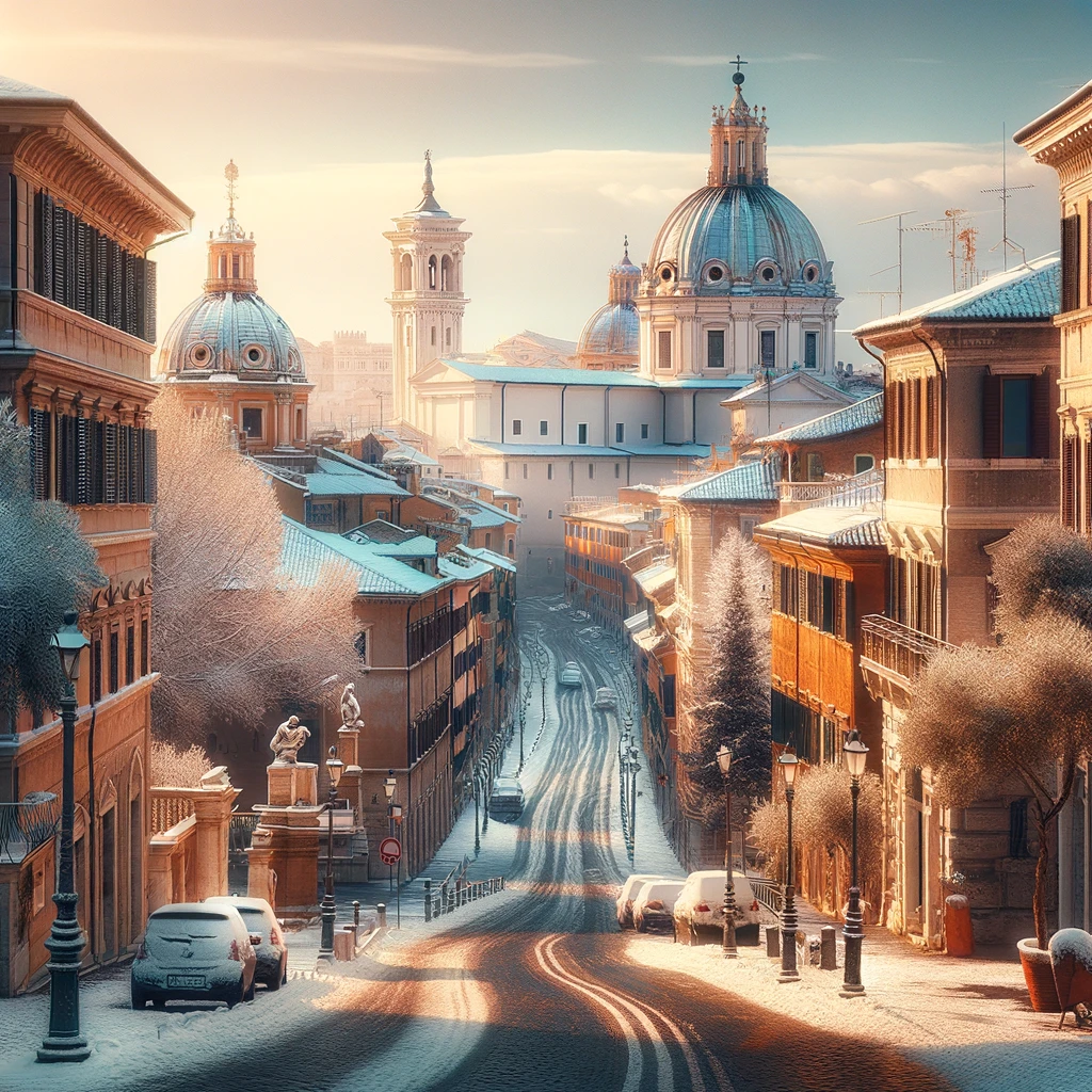 Spokojne ulice włoskiego miasta w lutym, z zabytkową architekturą lekko przyprószone śniegiem.