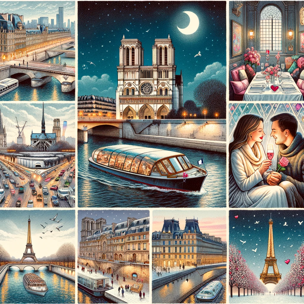 Kolaż przedstawiający weekend w Paryżu: Luwr, Notre-Dame, rejs po Sekwanie, Montmartre i Wieża Eiffla nocą