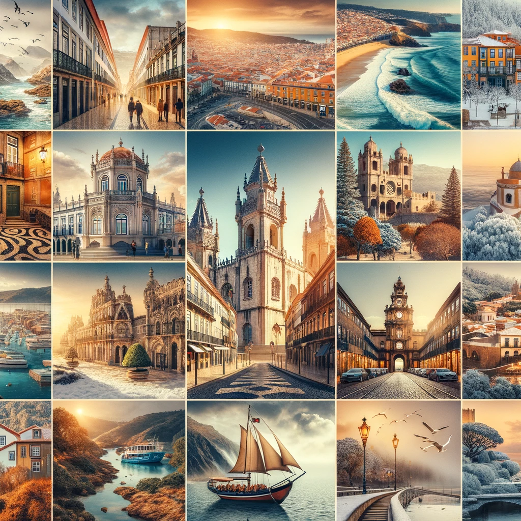 Kolaż przedstawiający różnorodność celów podróży w Portugalii: Lizbona, Porto, Algarve, Sintra, Évora, Madeira