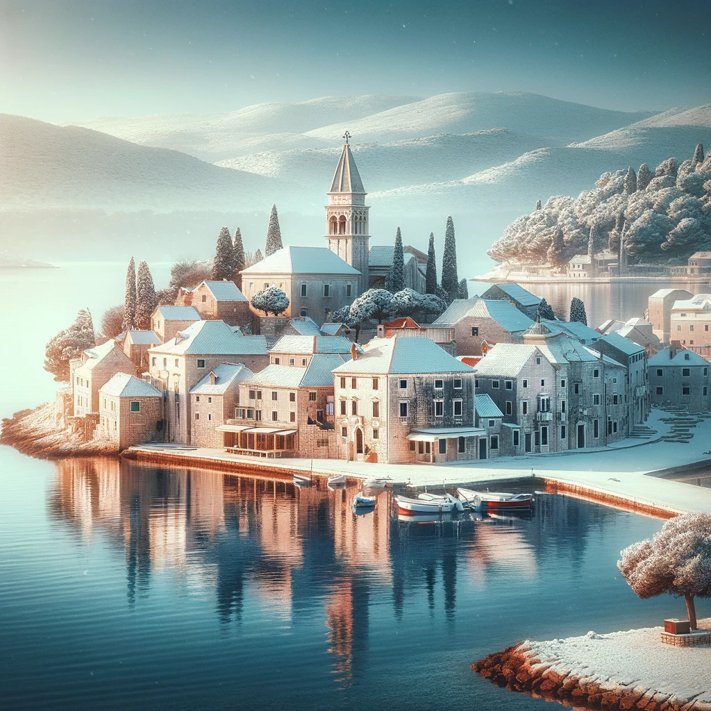 Zimowy pejzaż nadmorskiego miasteczka w Chorwacji z historyczną architekturą