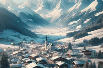 Zimowy krajobraz w Austrii z pokrytymi śniegiem górami i małą wioską