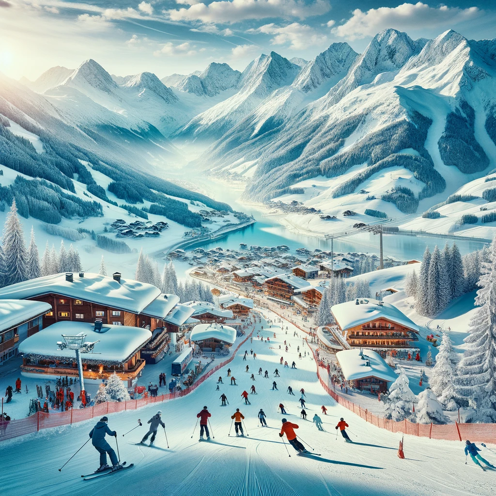 Zimowy krajobraz austriackiego kurortu narciarskiego z pokrytymi śniegiem górami