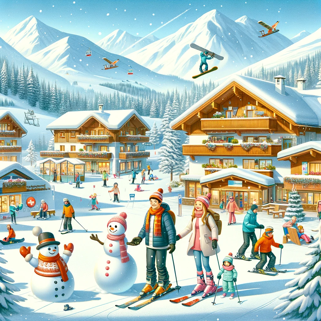 Rodzinna atmosfera na austriackim kurorcie zimowym z dziećmi bawiącymi się na śniegu