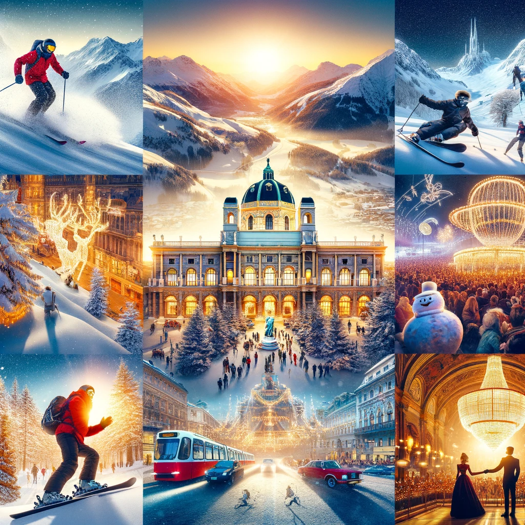 Dynamiczna zimowa scena w Austrii z narciarstwem, festiwalem światła i balu operowego