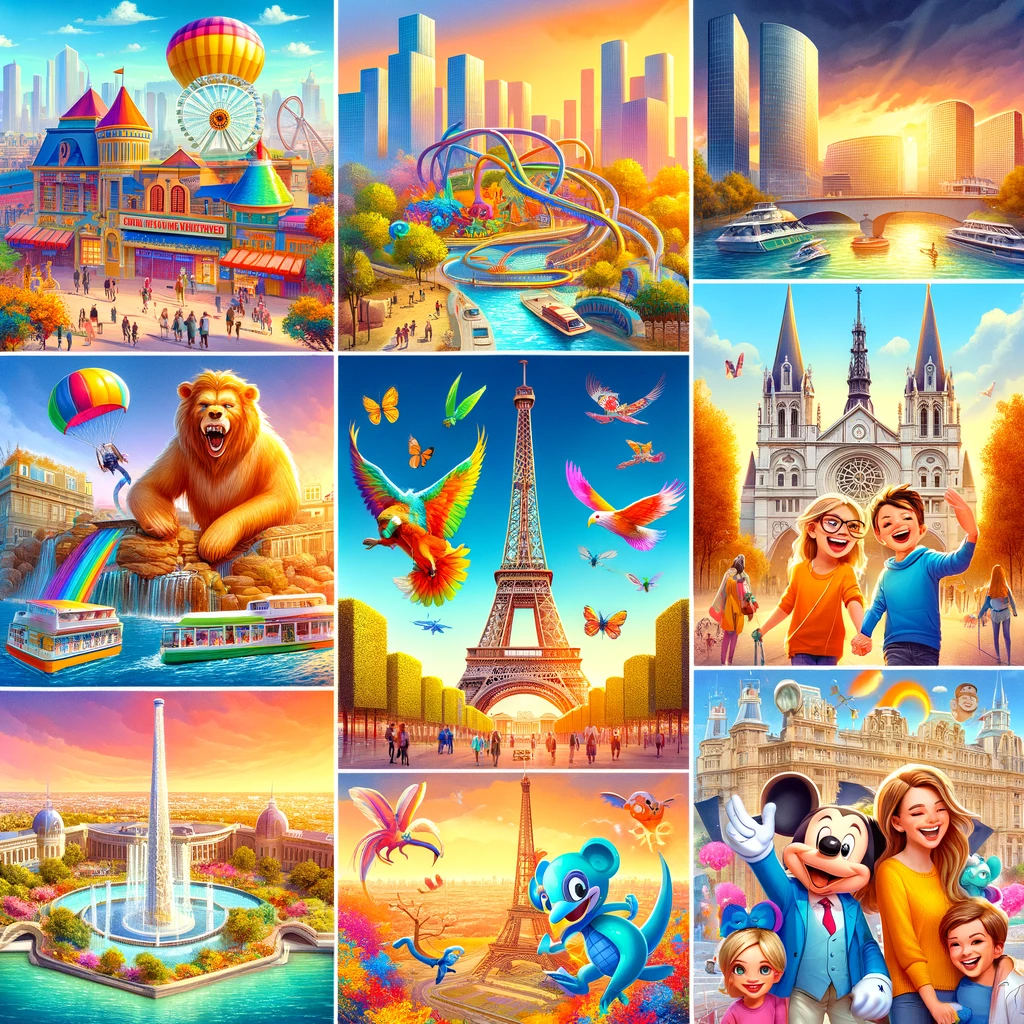 Kolaż przedstawiający atrakcje dla rodzin w Paryżu: Disneyland, Ogród Zoologiczny, Cité des Sciences, Jardin d'Acclimatation i Muzeum Figur Woskowych Grévin