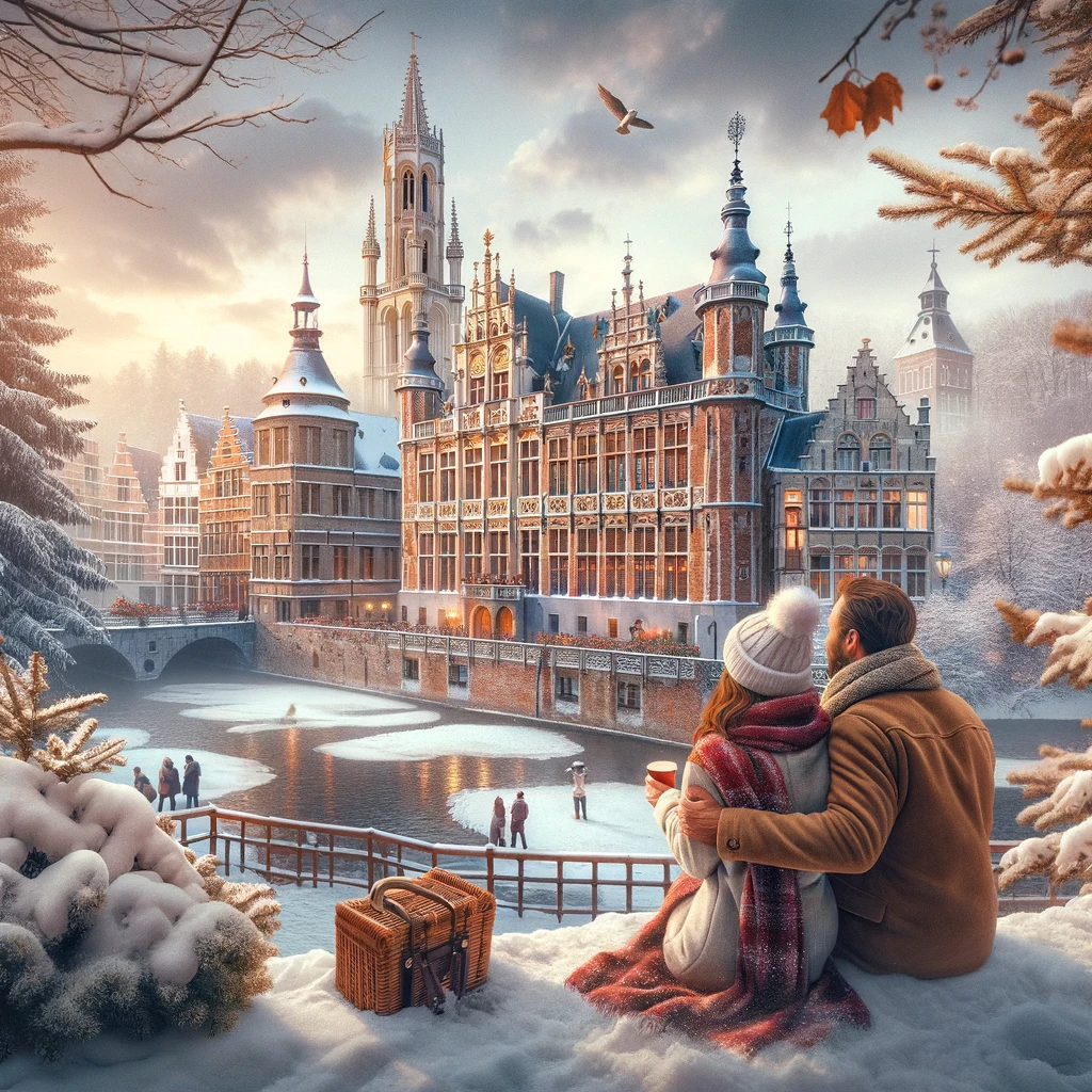 Romantyczna scena zimowa w Belgii, para cieszy się malowniczym widokiem na zaśnieżony krajobraz z historyczną belgijską architekturą w tle