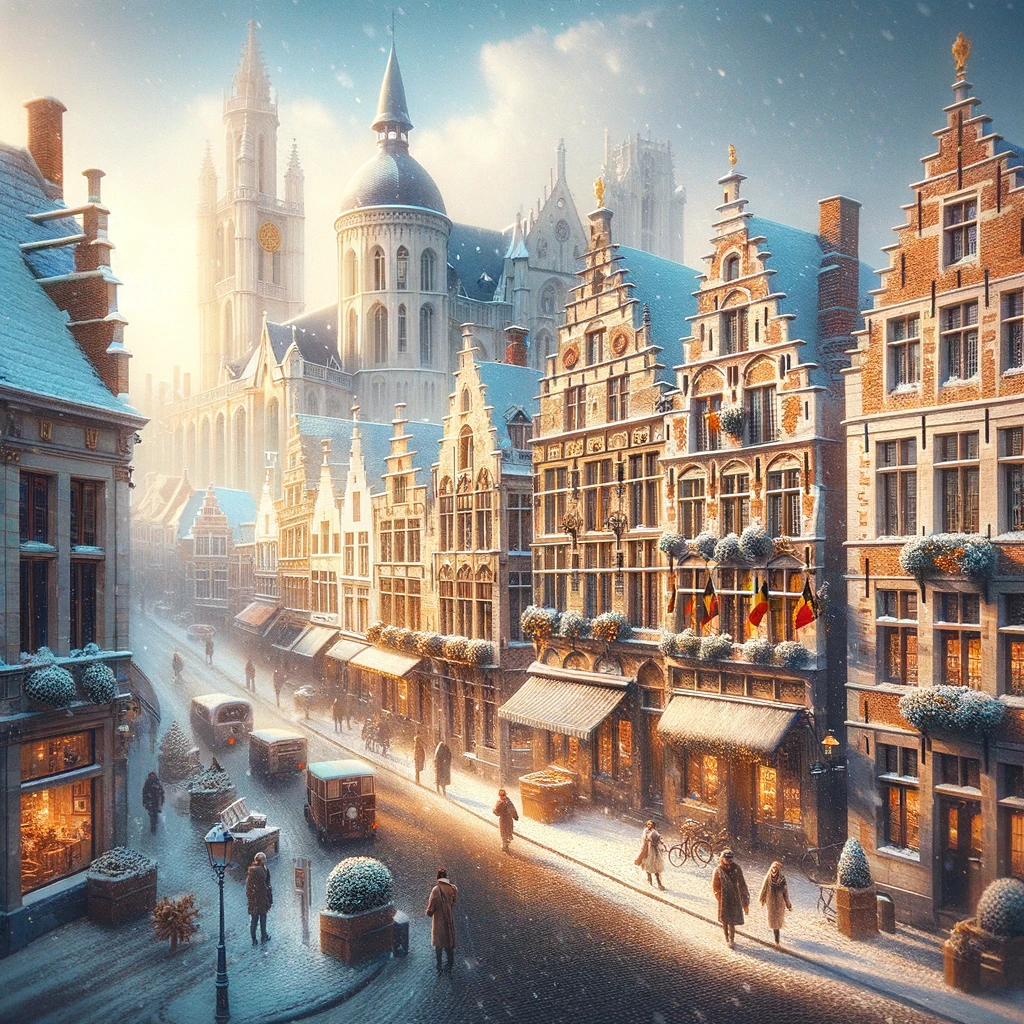 Malowniczy widok historycznego miasteczka w Belgii podczas zimy, z klasyczną belgijską architekturą i lekkim opadem śniegu