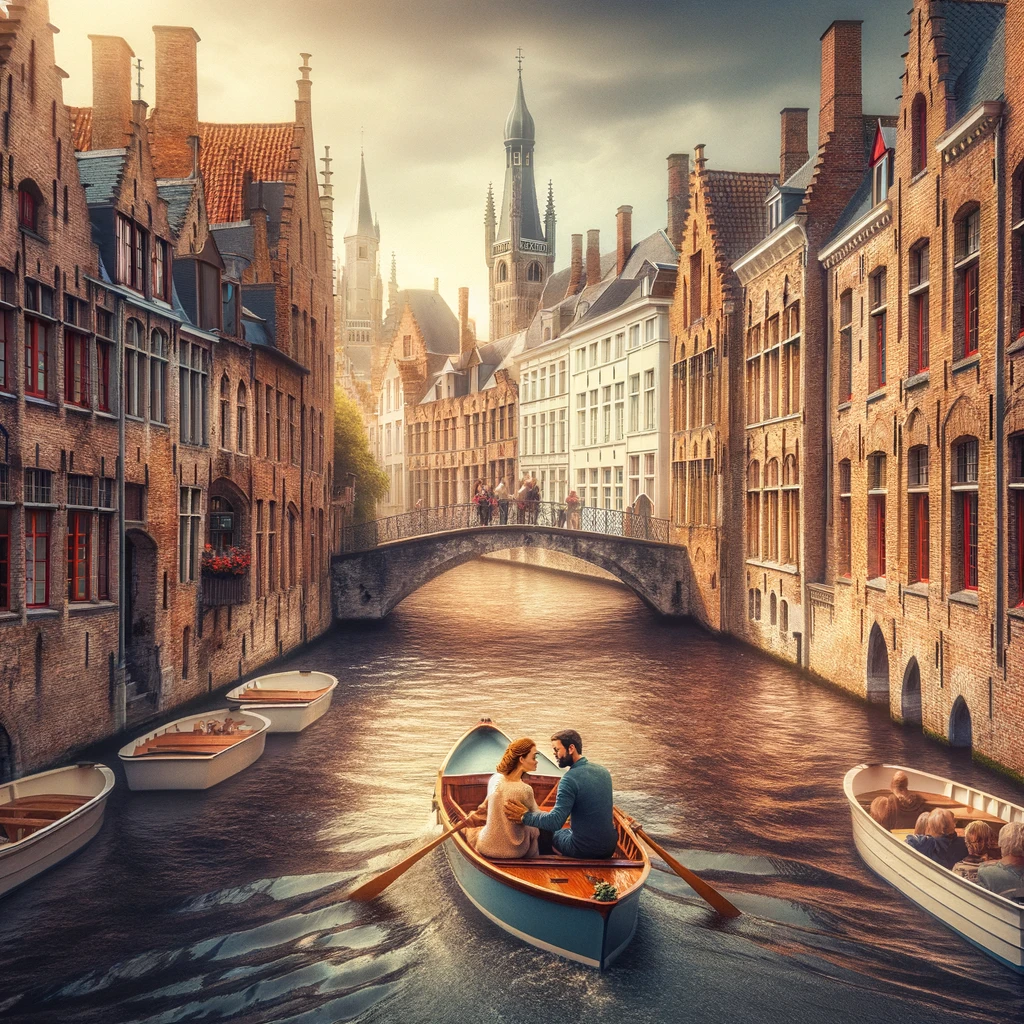 Romantyczna scena w Brugii, Belgia, para cieszy się rejs łodzią wzdłuż malowniczych kanałów z średniowiecznymi budynkami i mostami w tle