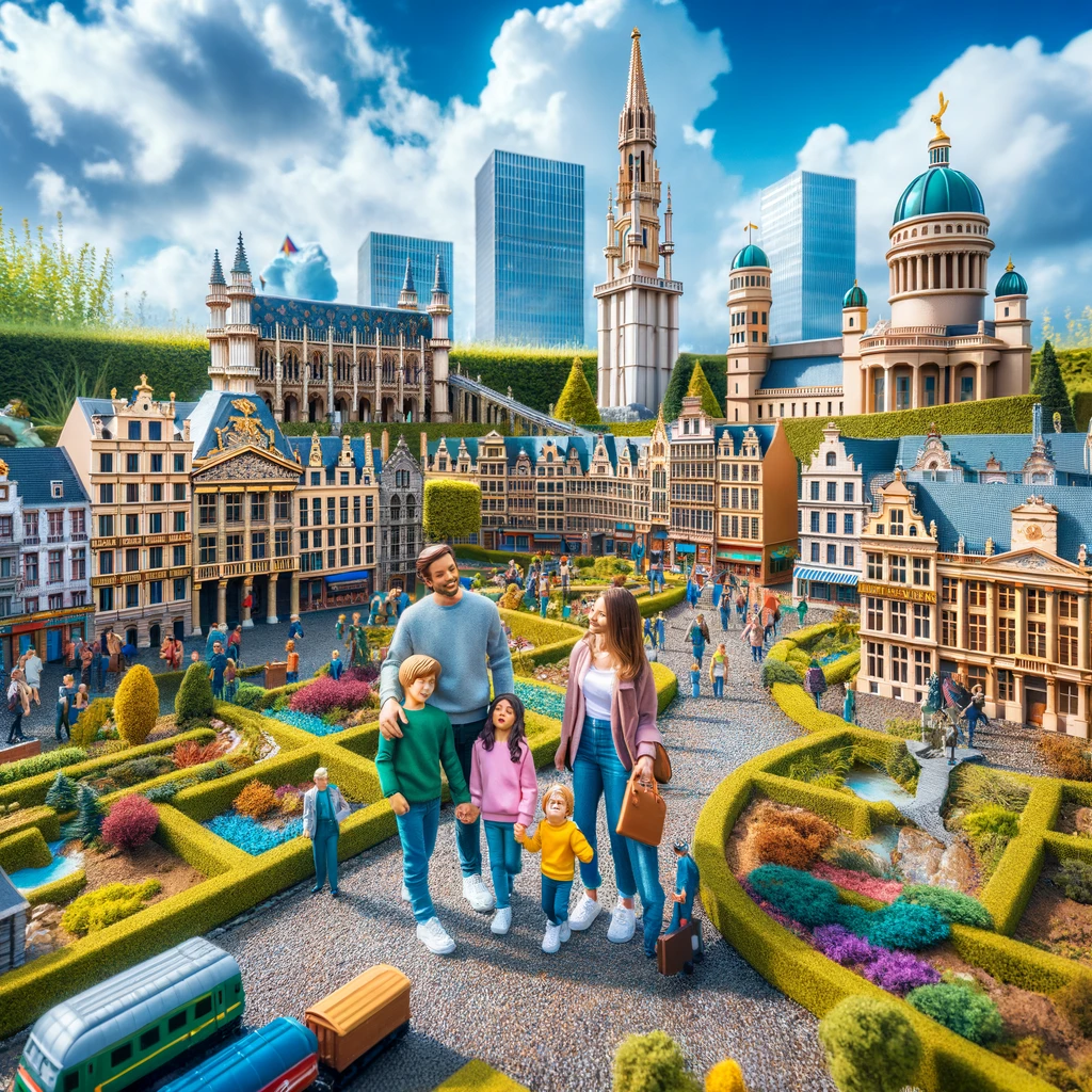 Żywy i kolorowy widok na Mini-Europę w Brukseli, Belgia, z rodziną z dziećmi cieszącą się miniaturami słynnych europejskich zabytków