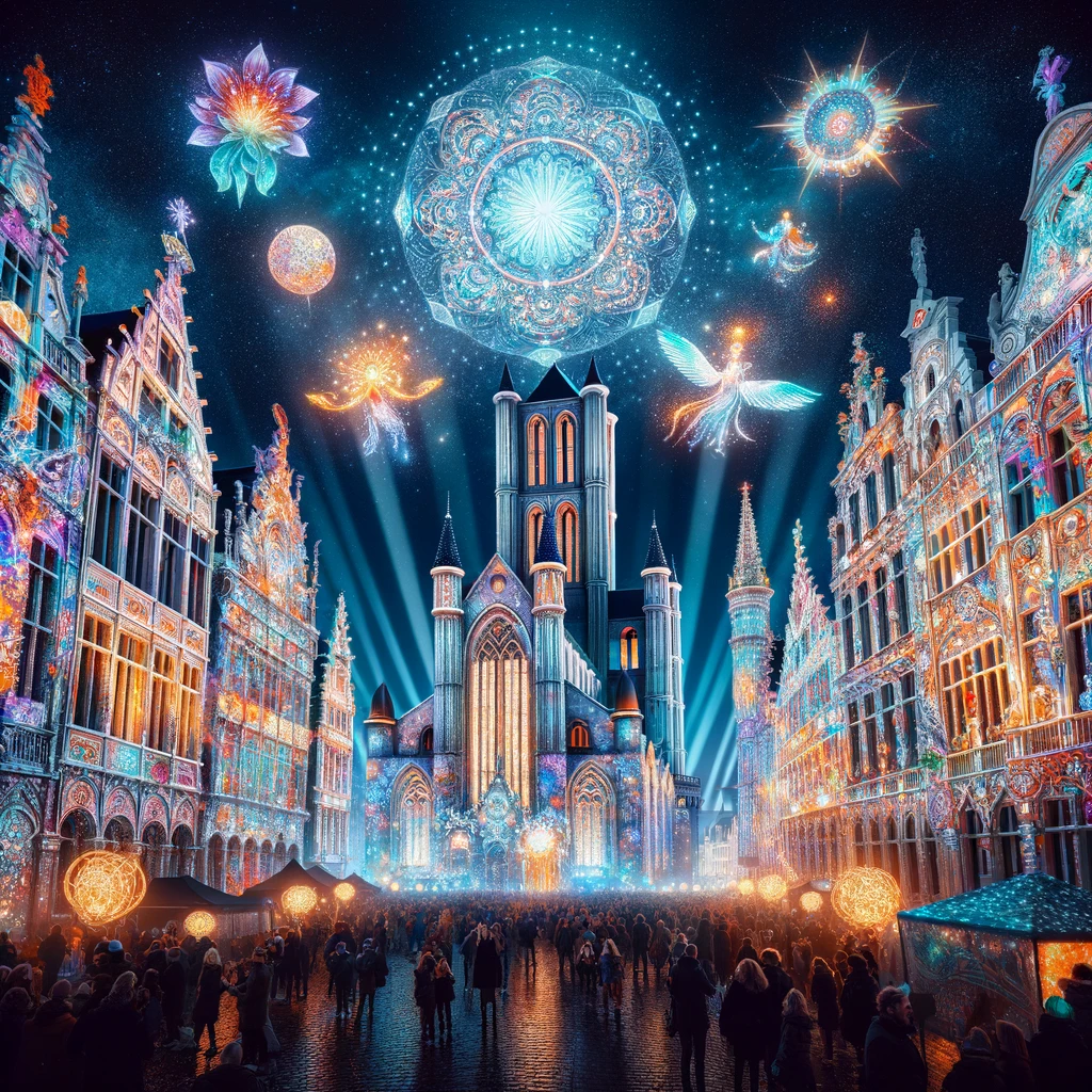 Zachwycająca scena z Festiwalu Światła w Gandawie, Belgia, z spektakularną instalacją świetlną oświetlającą historyczną architekturę miasta