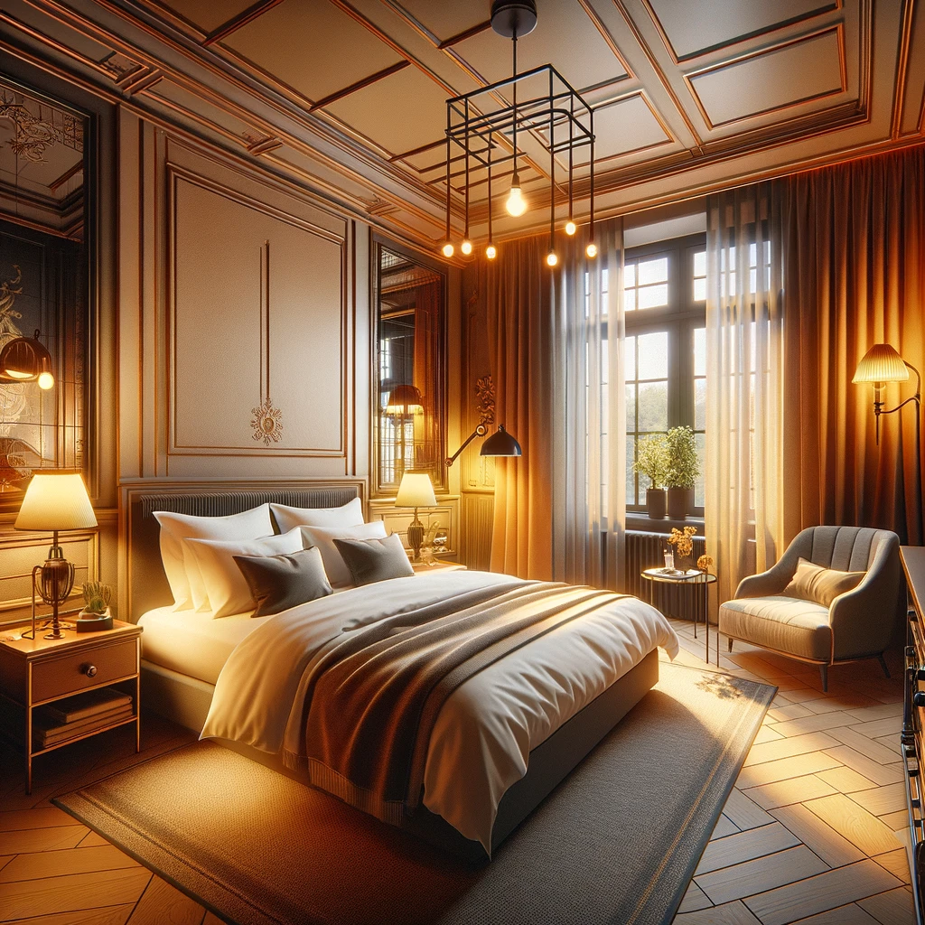 Przytulny i luksusowy pokój hotelowy w Belgii, prezentujący doskonałe połączenie nowoczesnych udogodnień i tradycyjnego belgijskiego stylu