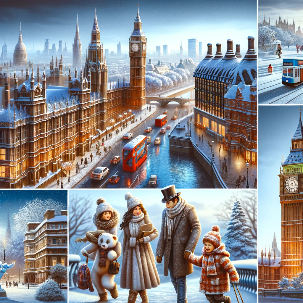 Wielka Brytania w lutym - śnieżne ulice i rodzina w parku