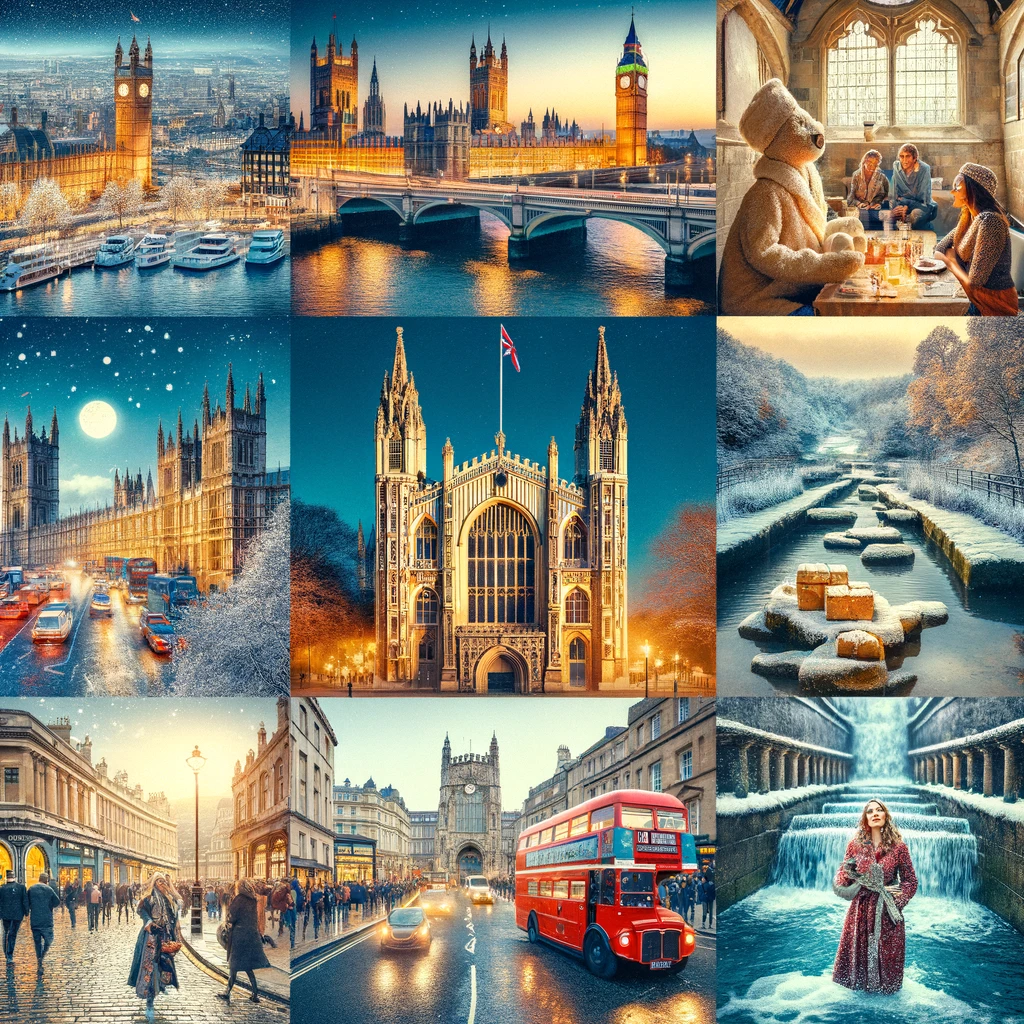 Kolaż przedstawiający najlepsze miasta i atrakcje w Wielkiej Brytanii w lutym: Londyn, Edynburg, Bath, Liverpool, York