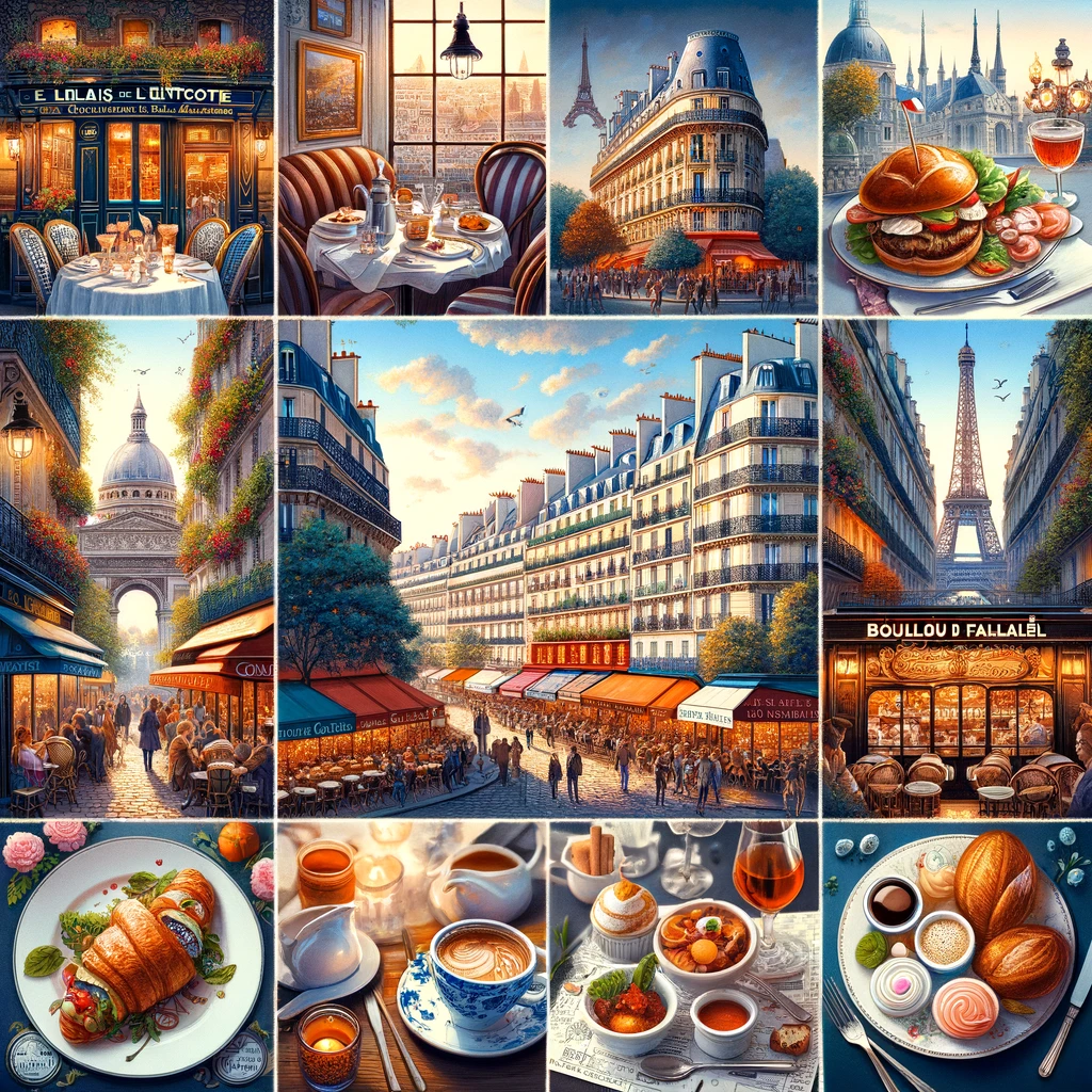 Kolaż przedstawiający doświadczenia kulinarne w Paryżu: Le Relais de l'Entrecôte, Café de Flore, Bouillon Pigalle, L'As du Fallafel, i Angelina Paris