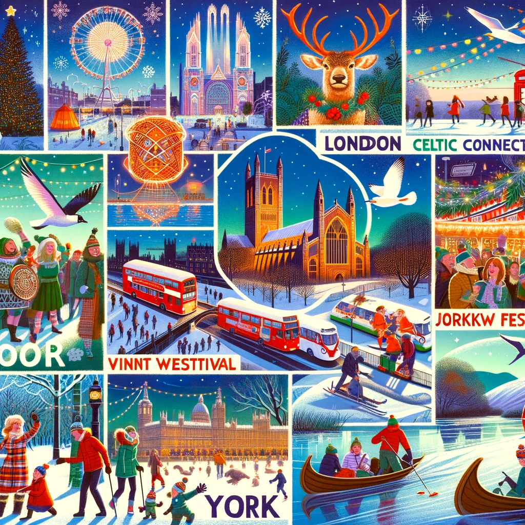 Kolaż przedstawiający wydarzenia kulturalne i zimowe aktywności w Wielkiej Brytanii w lutym