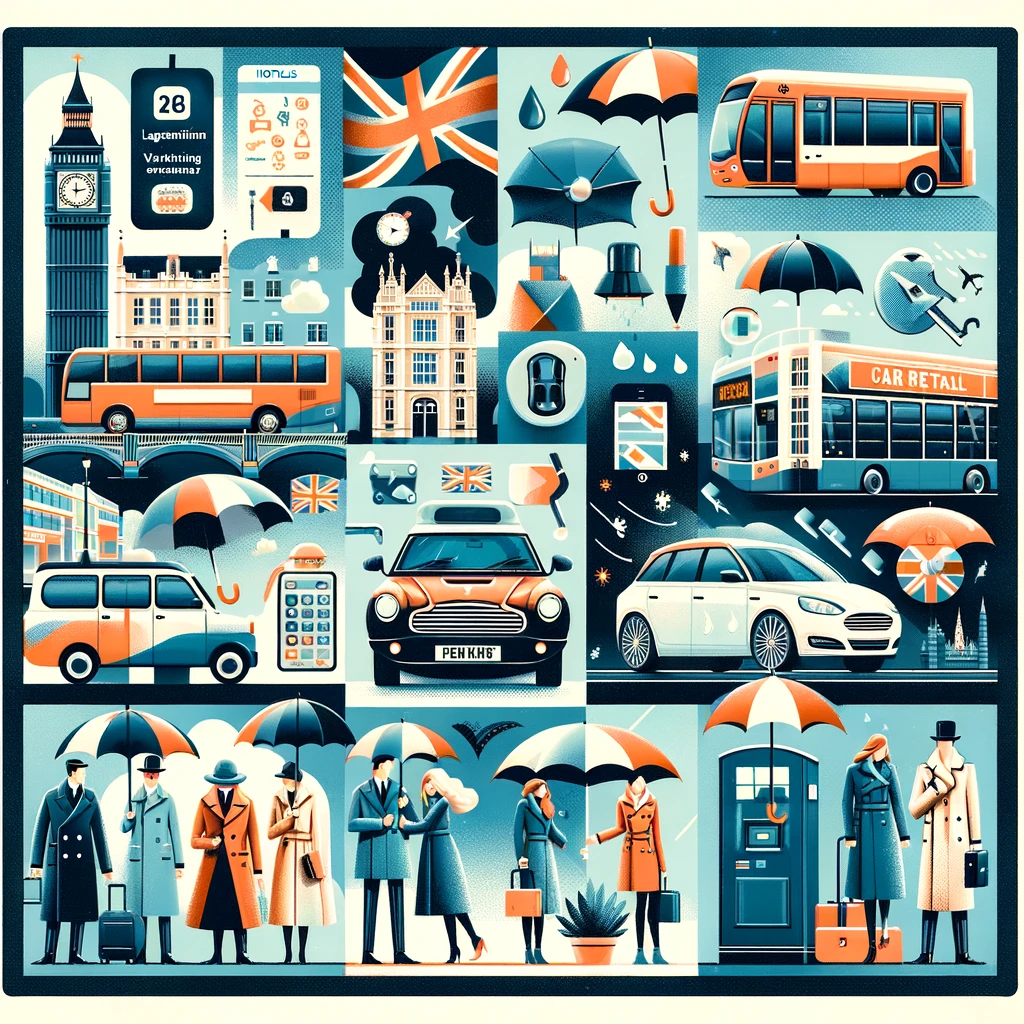Kolaż przedstawiający praktyczne porady dotyczące wakacji w Wielkiej Brytanii: transport publiczny, zakwaterowanie, wynajem samochodów, ubiór na zmienną pogodę