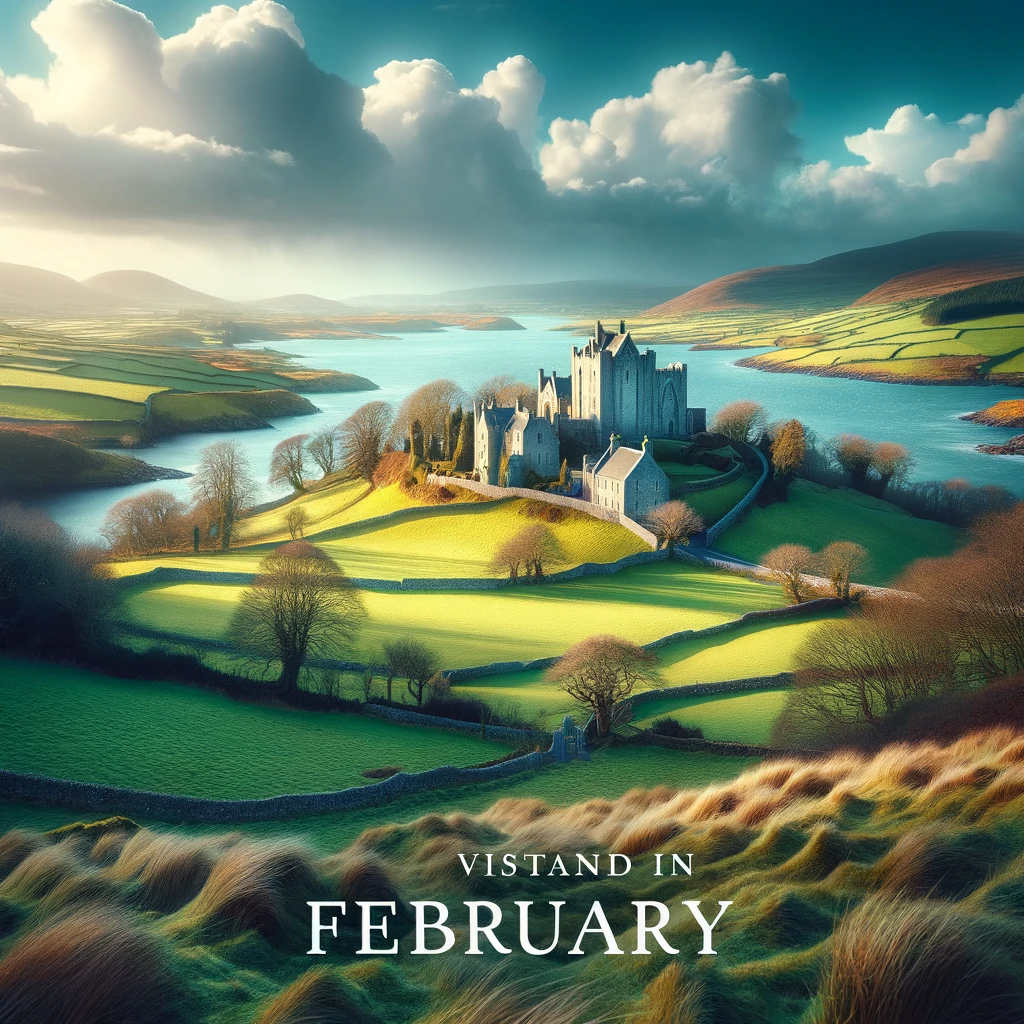Malowniczy krajobraz Irlandii w lutym - zielone pola, antyczne zamki i czyste zimowe niebo