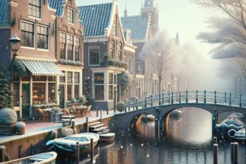 Zimowa scena w Holandii z kanałami i tradycyjną architekturą, lekki śnieg